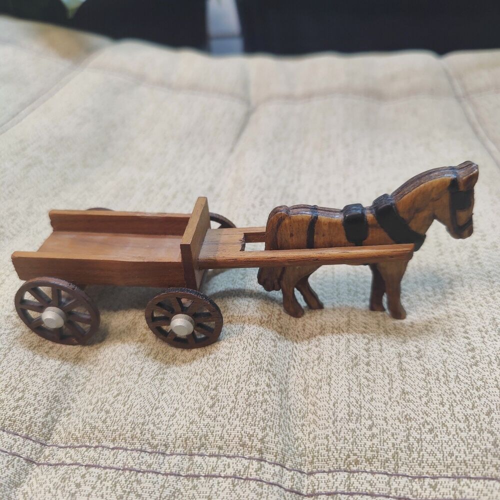 1999 M-M Made in USA Miniature Wooden Horse Drawn Cart Wagon Figurine ~6"